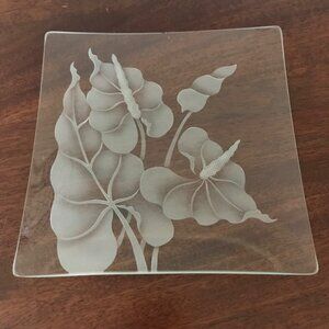 Frank Oda Style Etched Glass Anthurium Square Dish Vintage